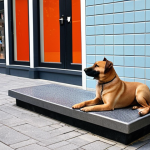 **

Prompt: "A dog-friendly city sidewalk with special paw-friendly pavement blocks, noise-reducing walls, and a dog water fountain. A dog rests comfortably in a niche beneath a human bench. Bright daylight, vibrant colors, focus on accessibility and comfort."

**