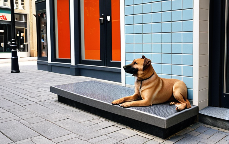 **
Prompt: "A dog-friendly city sidewalk with special paw-friendly pavement blocks, noise-reducing walls, and a dog water fountain. A dog rests comfortably in a niche beneath a human bench. Bright daylight, vibrant colors, focus on accessibility and comfort."
**