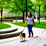 A diverse group of adults and children, fully clothed in modest, casual attire, peacefully enjoying a beautifully designed urban park. Several well-behaved dogs of various breeds are present, some on leashes, others interacting gently in a designated pet-friendly zone. The park features lush biophilic elements, a winding foot-friendly pathway, natural stone textures, and a small, clean stream with clear water. Sunlight filters through mature trees, creating a serene atmosphere. People are smiling, interacting positively with their pets and neighbors, embodying a harmonious community. This image represents a pet-friendly and family-friendly urban space. Safe for work, appropriate content, fully clothed, perfect anatomy, correct proportions, natural pose, well-formed hands, proper finger count, natural body proportions, professional photography, high quality.