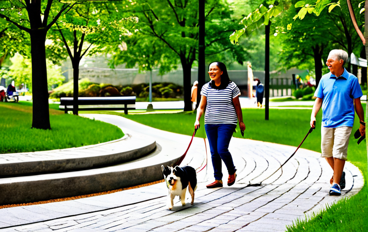 A diverse group of adults and children, fully clothed in modest, casual attire, peacefully enjoying a beautifully designed urban park. Several well-behaved dogs of various breeds are present, some on leashes, others interacting gently in a designated pet-friendly zone. The park features lush biophilic elements, a winding foot-friendly pathway, natural stone textures, and a small, clean stream with clear water. Sunlight filters through mature trees, creating a serene atmosphere. People are smiling, interacting positively with their pets and neighbors, embodying a harmonious community. This image represents a pet-friendly and family-friendly urban space. Safe for work, appropriate content, fully clothed, perfect anatomy, correct proportions, natural pose, well-formed hands, proper finger count, natural body proportions, professional photography, high quality.
